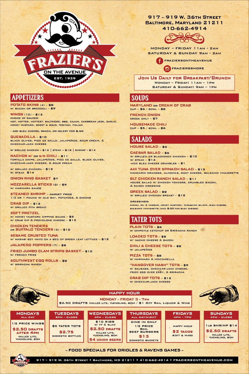 Frazier’s on the Avenue tabloid size menu front Frazier's on the Avenue tabloid size menu front